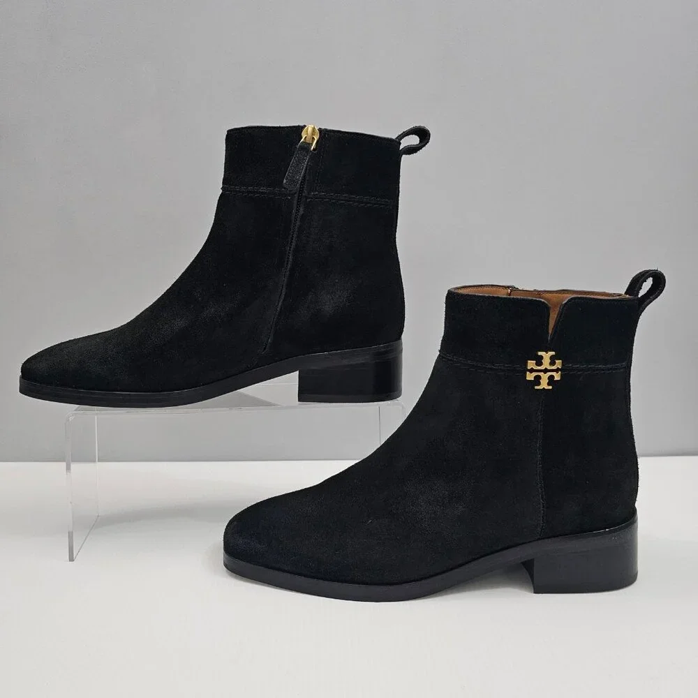 Tory Burch Everly Ankle Boot Womens 7.5 Black Suede Gold Logo Luxury Designer - Picture 2 of 16